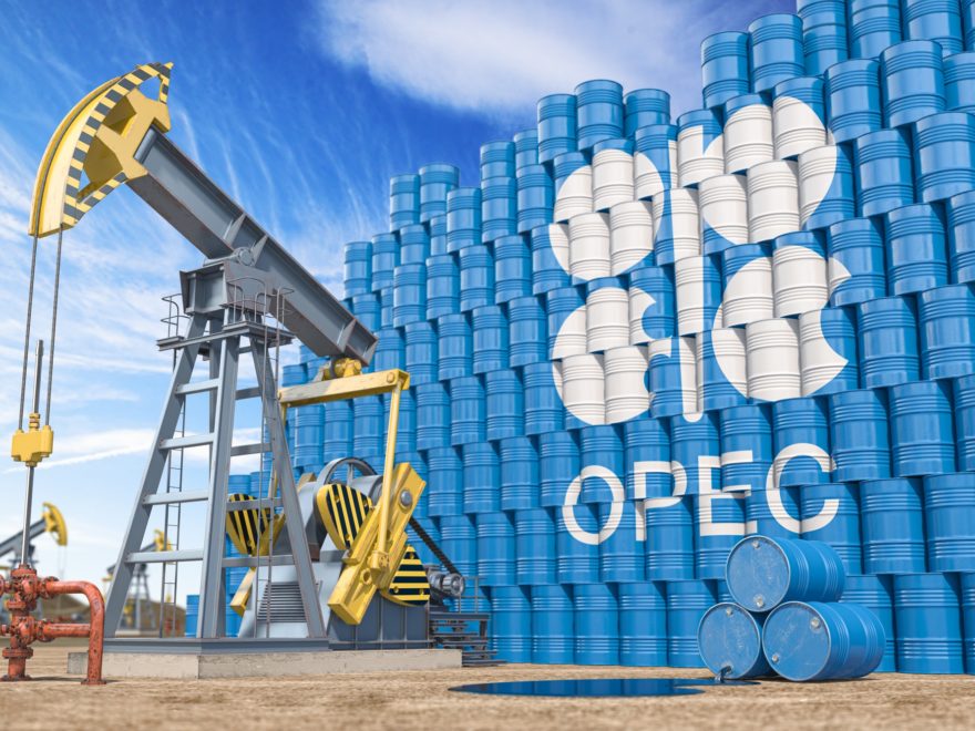 OPEC Organization of the Petroleum Exporting Countries. Oil pump jack and oil barrels
